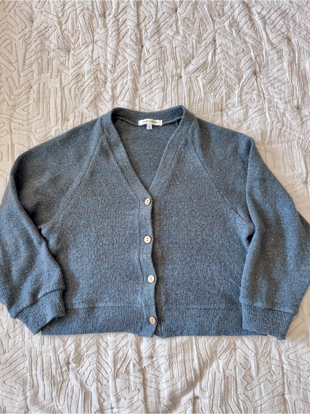 Mango Speckled Sage Green V-Neck Button Cardigan